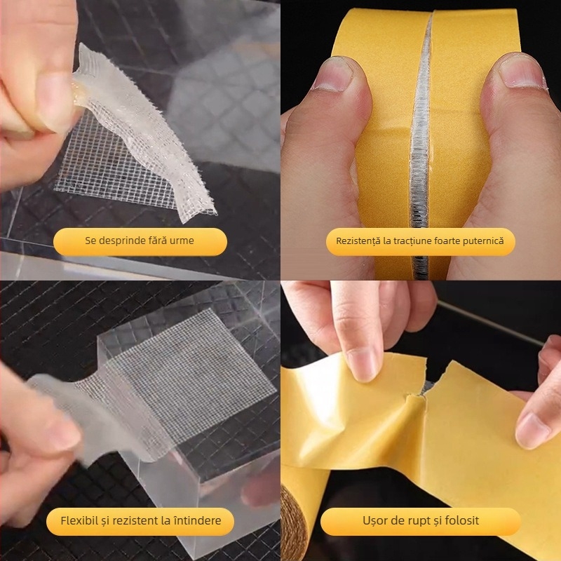 Bandă adezivă dublu față, pe bază de pânză, pentru fixarea covoarelor — antiderapantă, aderență înaltă, grosime 0.25 mm, substrat din fibră de plasă de polietilenă, viscozitate 600 N/m, folie de eliberare, miez de carton