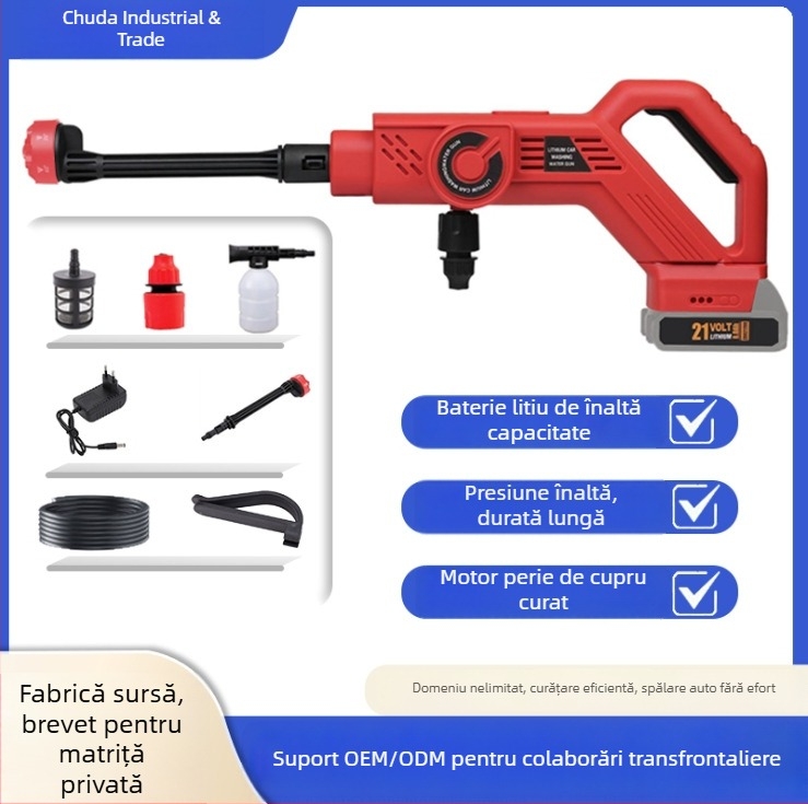 Pistol de spălat auto fără fir, dispozitiv portabil multi-funcțional cu baterie litiu pentru uz casnic, înaltă presiune 2.18 MPa, debit 6.3 L/min, 21V, curent maxim 11A, greutate 1.0 kg