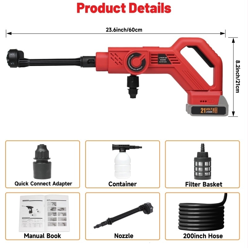 Pistol de spălat auto fără fir, dispozitiv portabil multi-funcțional cu baterie litiu pentru uz casnic, înaltă presiune 2.18 MPa, debit 6.3 L/min, 21V, curent maxim 11A, greutate 1.0 kg