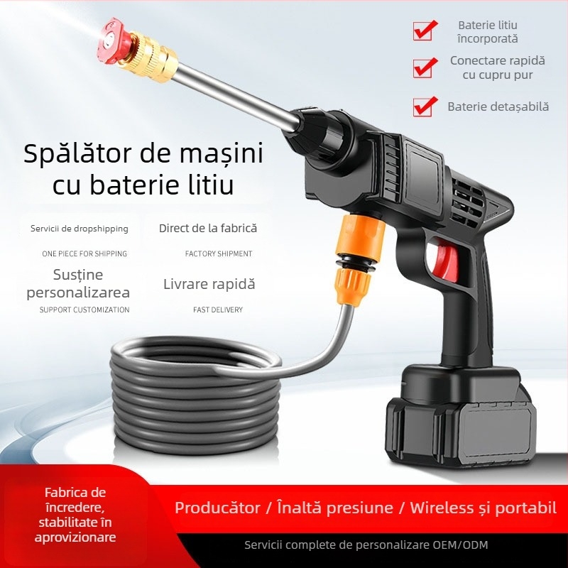 Pistol portabil de spălat auto, baterie litiu, 12V/24V, presiune înaltă, auto-aspirație fără fir, rază jet 5–8 m, furtun de apă 20 m