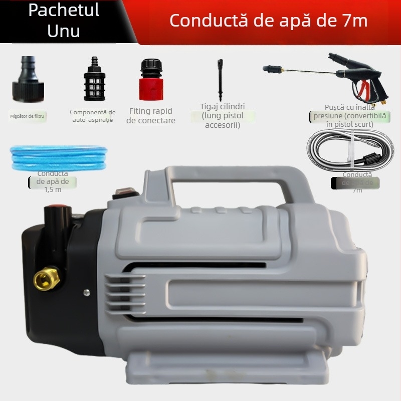 Mașină de spălat auto T01 cu motor din cupru – spălare cu presiune înaltă pentru uz casnic, 100 bar, 220V, 1800W (3200W vârf), debit maxim 12 L/min