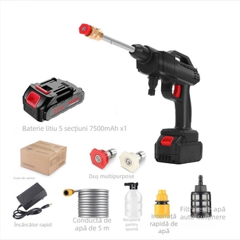 Pistol de spălat auto wireless cu baterie litiu, pistol de apă portabil, capacitate 5L, 21V, 300W, debit 1,6 L/min