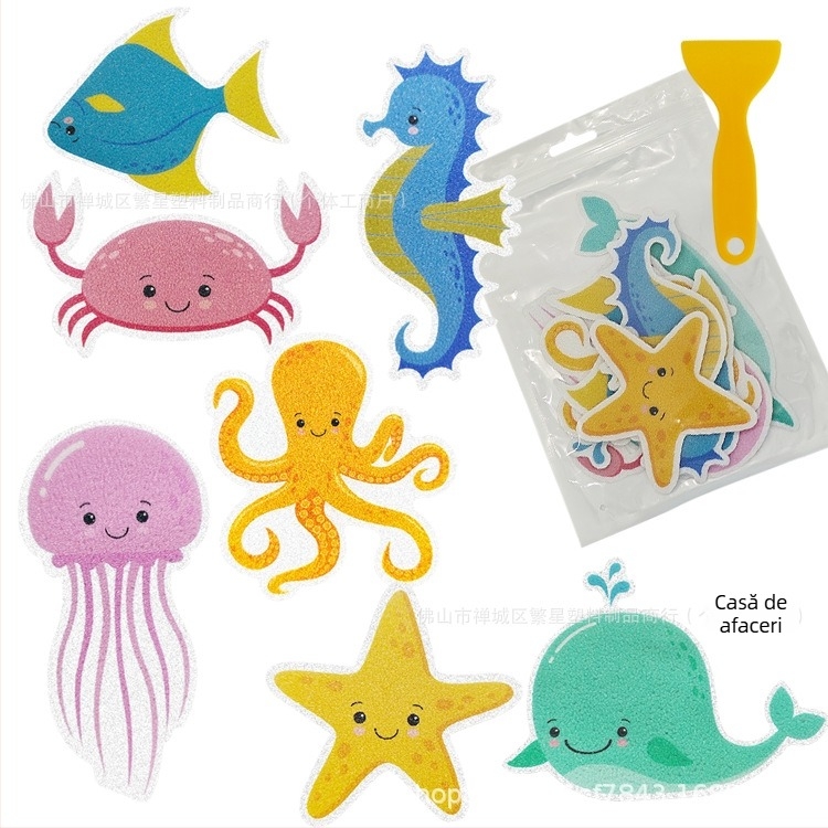 Adezivi antiderapanti pentru baie cu design desen animat — bază PEVA, adeziv sensibil la presiune, vâscozitate 70 N/m, serie: desene animate antiderapante pentru baie