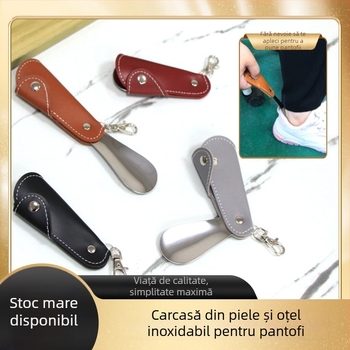 Xiebazi-7444 Shoehorn metalic cu husă din piele, Mini portabil, Design cu cataramă de agățare, Stil retro literar