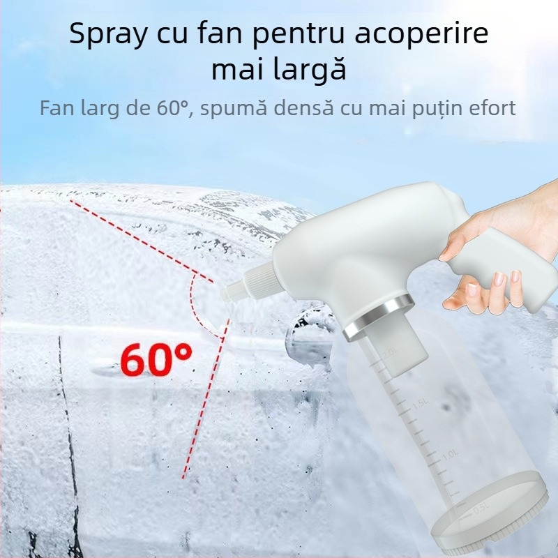 Pistol de spumă electric pentru spălarea mașinii, dispozitiv portabil fără fir pentru spumă, 12V, 18W, capacitate 2000 ml, greutate 600 g, 1200 rpm