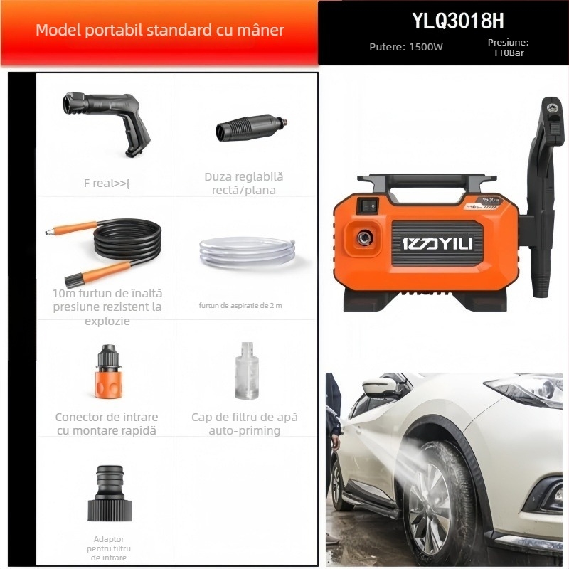 Mașină de spălat auto portabilă pentru uz casnic, cu presiune înaltă, 1500W, 220V, 110 bar, 7 L/min, 3,5 kg