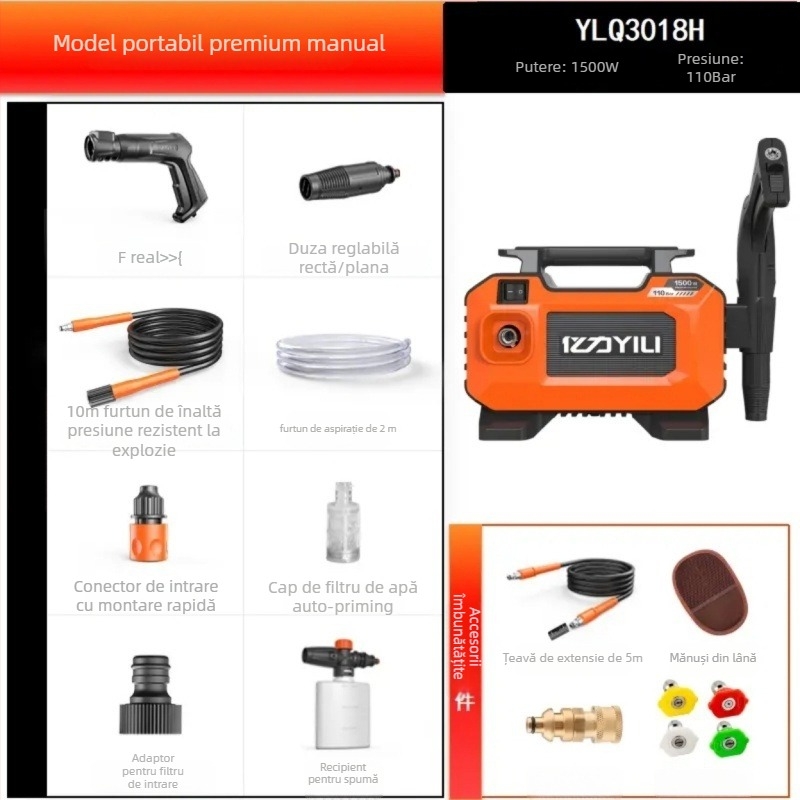 Mașină de spălat auto portabilă pentru uz casnic, cu presiune înaltă, 1500W, 220V, 110 bar, 7 L/min, 3,5 kg