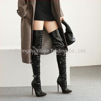 Cizme peste genunchi pentru dans jazz – PU piele sintetică, vârf ascuțit, toc stiletto peste 8 cm, fermoar lateral, unisex