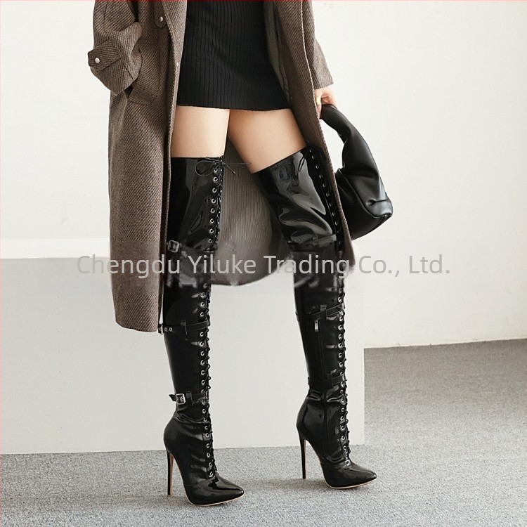 Cizme peste genunchi pentru dans jazz – PU piele sintetică, vârf ascuțit, toc stiletto peste 8 cm, fermoar lateral, unisex