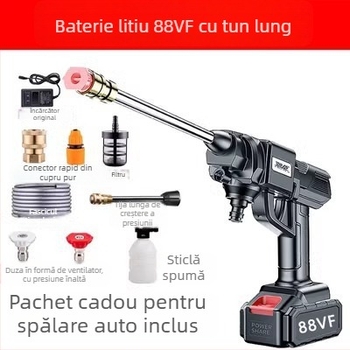 Pistol de spălat auto fără fir, înaltă presiune, model 21V litiu, acționare electrică, pentru spălat mașini, stropit plante și curățenie în gospodărie, presiune 2,5–25 MPa