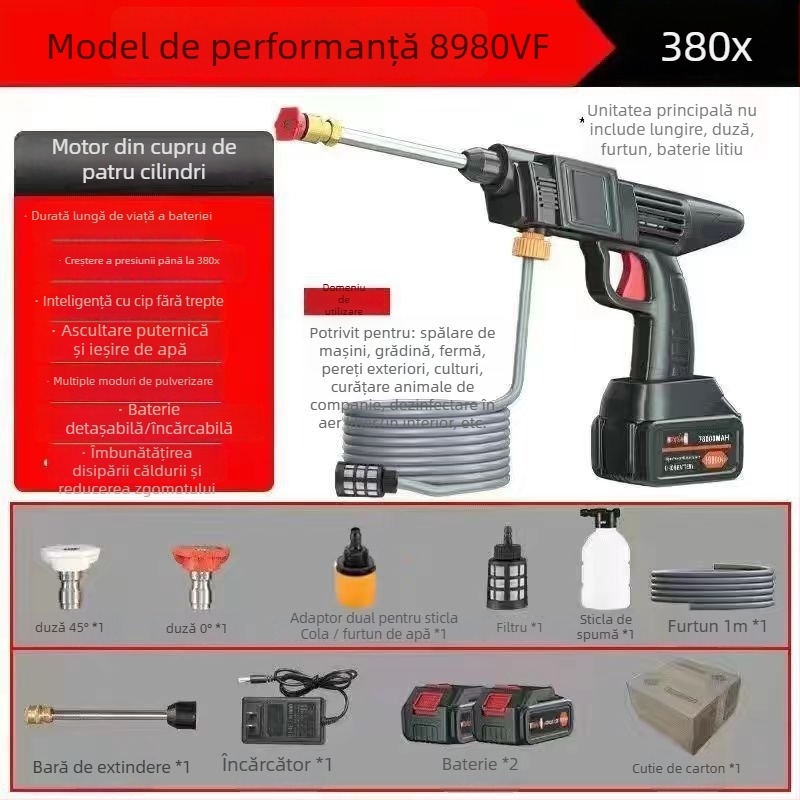 Pistol de spălat auto fără fir, înaltă presiune, model 21V litiu, acționare electrică, pentru spălat mașini, stropit plante și curățenie în gospodărie, presiune 2,5–25 MPa