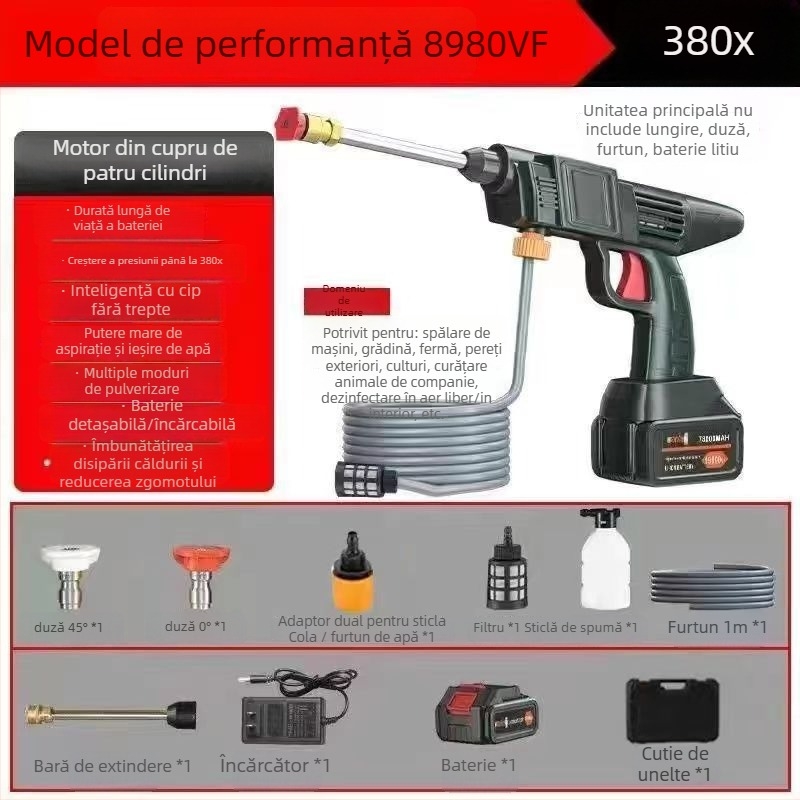 Pistol de spălat auto fără fir, înaltă presiune, model 21V litiu, acționare electrică, pentru spălat mașini, stropit plante și curățenie în gospodărie, presiune 2,5–25 MPa