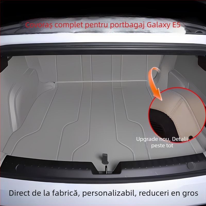 Covoraș de portbagaj Galaxy E5, acoperire completă, piele Nappa, brand Miao, origine Shandong, modele dedicate, personalizare disponibilă.