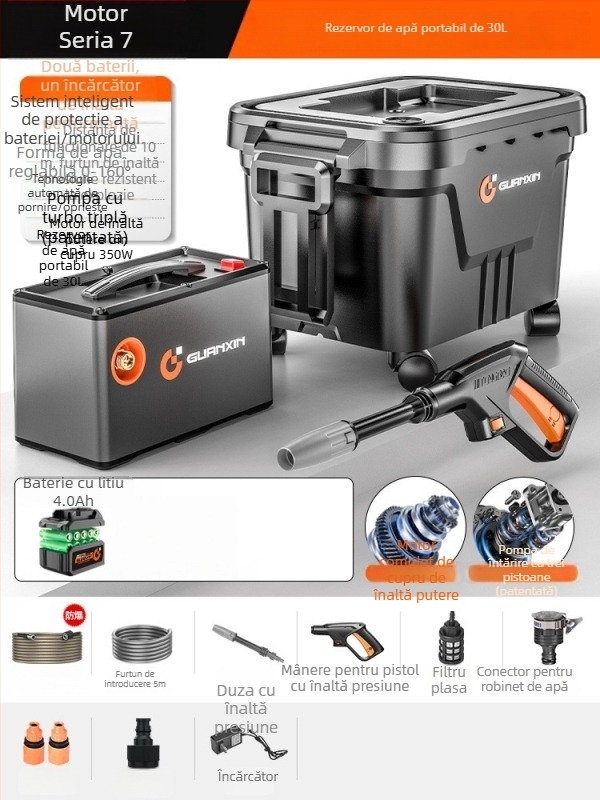 Mașină portabilă de spălat mașini, fără fir, cu baterie litiu, model maxs - 550 W, 20V/36V, presiune maximă 35 bar, debit maxim 4.0 L/min