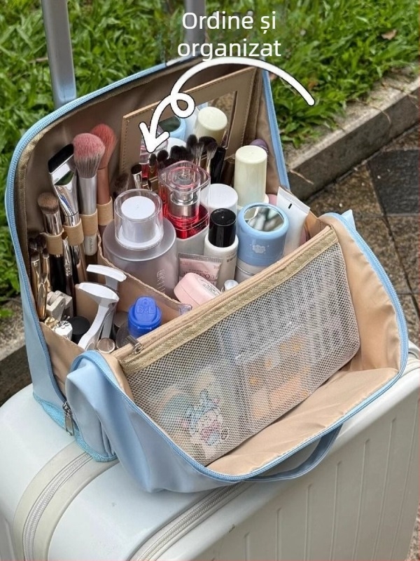 Geantă de machiaj cu design de agățare și compartimente verticale (material PU; rezistentă la apă; capacitate mare; capac rabatabil)