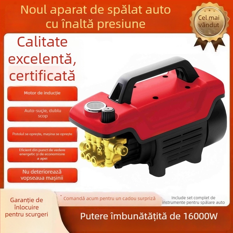 Sistem de curățare auto cu presiune înaltă — portabil, pentru casă, automat; 3000W, 220V, debit 16 L/min, lungime furtun 7–20 m, greutate 9,5 kg