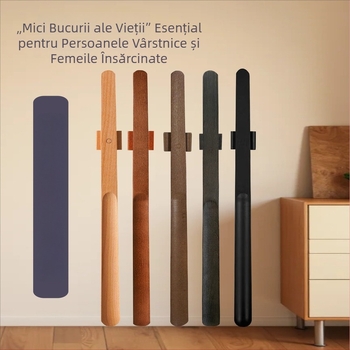 Şiret magnetic pentru pantofi cu mâner lung, culoare nuc, lemn masiv, 55–70 cm – pentru gravide și persoane în vârstă