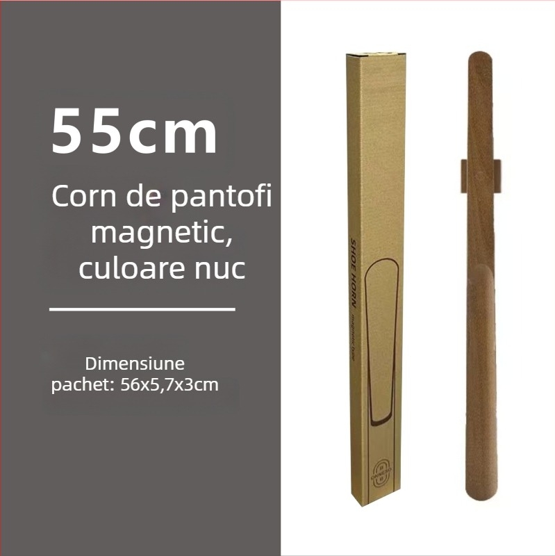 Şiret magnetic pentru pantofi cu mâner lung, culoare nuc, lemn masiv, 55–70 cm – pentru gravide și persoane în vârstă