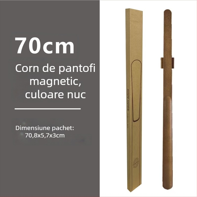 Şiret magnetic pentru pantofi cu mâner lung, culoare nuc, lemn masiv, 55–70 cm – pentru gravide și persoane în vârstă