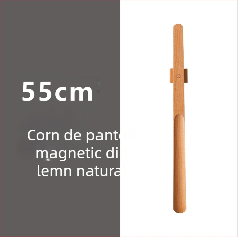Şiret magnetic pentru pantofi cu mâner lung, culoare nuc, lemn masiv, 55–70 cm – pentru gravide și persoane în vârstă