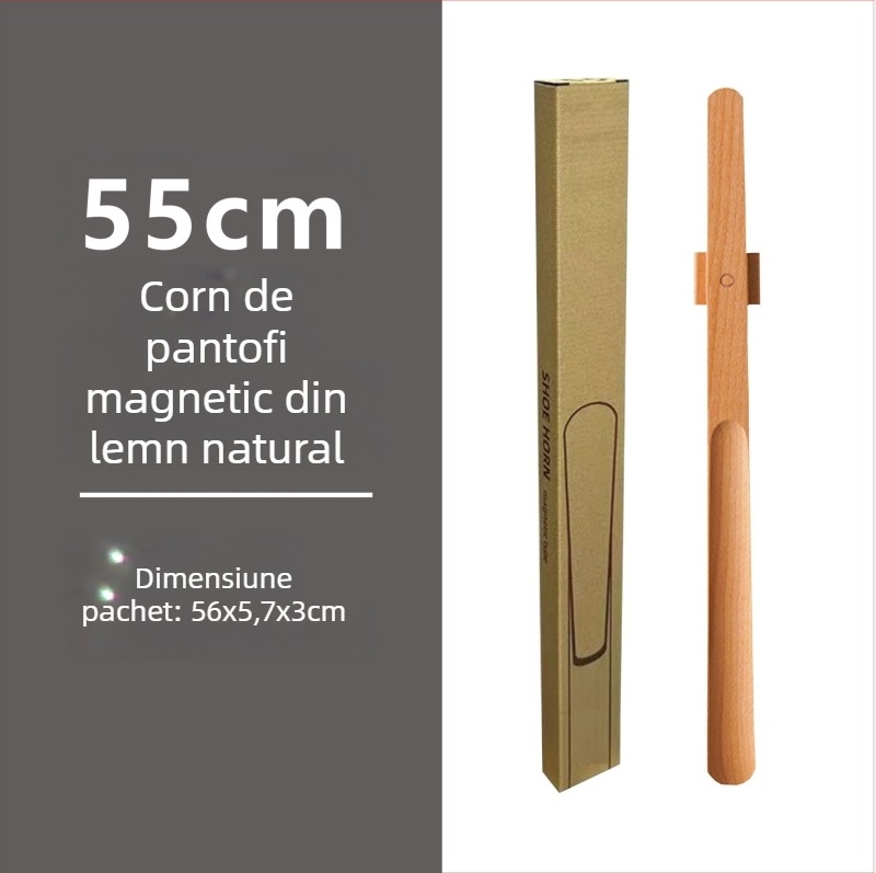 Şiret magnetic pentru pantofi cu mâner lung, culoare nuc, lemn masiv, 55–70 cm – pentru gravide și persoane în vârstă