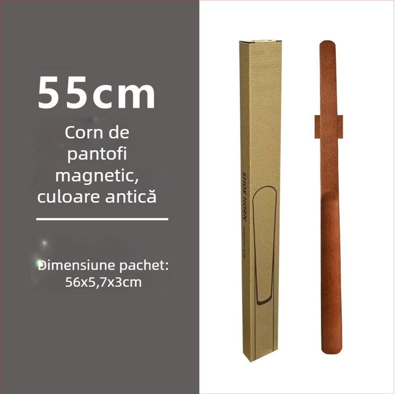 Şiret magnetic pentru pantofi cu mâner lung, culoare nuc, lemn masiv, 55–70 cm – pentru gravide și persoane în vârstă