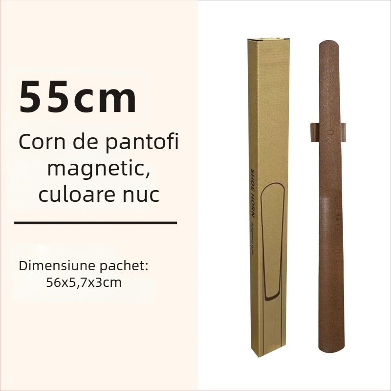 Şiret magnetic pentru pantofi cu mâner lung, culoare nuc, lemn masiv, 55–70 cm – pentru gravide și persoane în vârstă