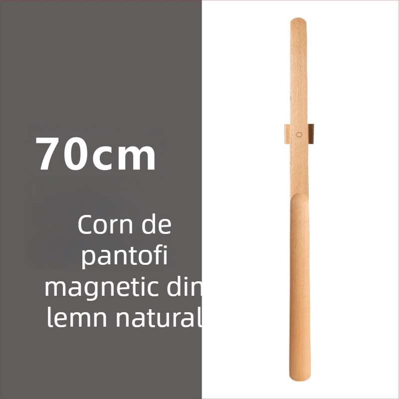 Şiret magnetic pentru pantofi cu mâner lung, culoare nuc, lemn masiv, 55–70 cm – pentru gravide și persoane în vârstă