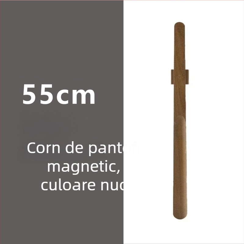 Şiret magnetic pentru pantofi cu mâner lung, culoare nuc, lemn masiv, 55–70 cm – pentru gravide și persoane în vârstă