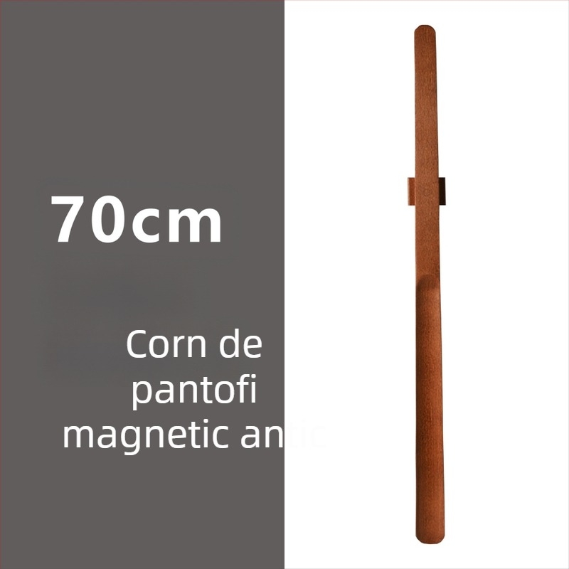 Şiret magnetic pentru pantofi cu mâner lung, culoare nuc, lemn masiv, 55–70 cm – pentru gravide și persoane în vârstă
