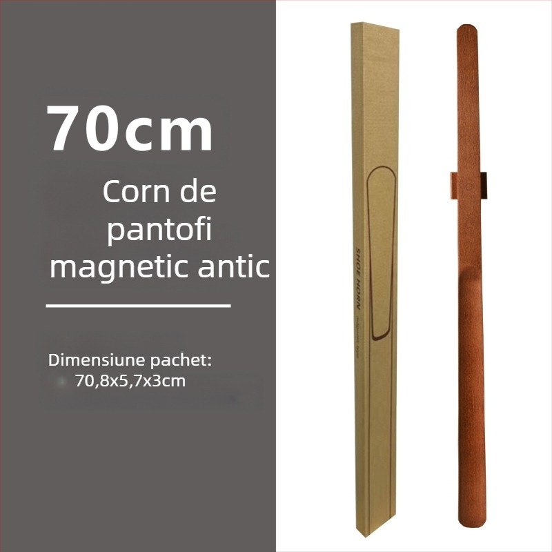 Şiret magnetic pentru pantofi cu mâner lung, culoare nuc, lemn masiv, 55–70 cm – pentru gravide și persoane în vârstă