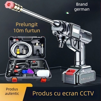 Spălător auto fără fir, cu presiune înaltă, cu motor de inducție, construcție din cupru, alimentare pe baterie Li, aparat portabil, furtun 10–20 m, debit 4–8 L/min