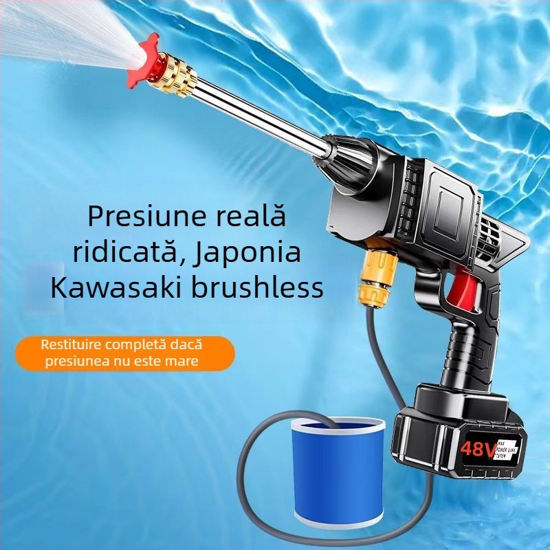 Spălător auto fără fir, cu presiune înaltă, cu motor de inducție, construcție din cupru, alimentare pe baterie Li, aparat portabil, furtun 10–20 m, debit 4–8 L/min