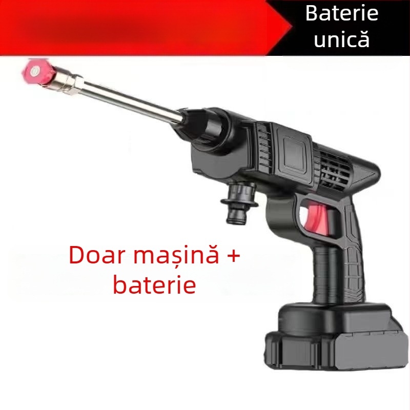 Spălător auto fără fir, cu presiune înaltă, cu motor de inducție, construcție din cupru, alimentare pe baterie Li, aparat portabil, furtun 10–20 m, debit 4–8 L/min