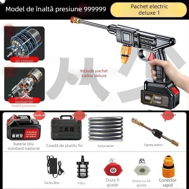 Spălător auto fără fir, cu presiune înaltă, cu motor de inducție, construcție din cupru, alimentare pe baterie Li, aparat portabil, furtun 10–20 m, debit 4–8 L/min