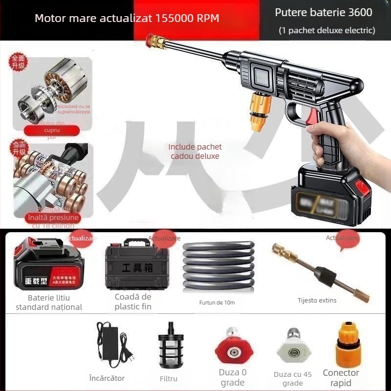 Spălător auto fără fir, cu presiune înaltă, cu motor de inducție, construcție din cupru, alimentare pe baterie Li, aparat portabil, furtun 10–20 m, debit 4–8 L/min