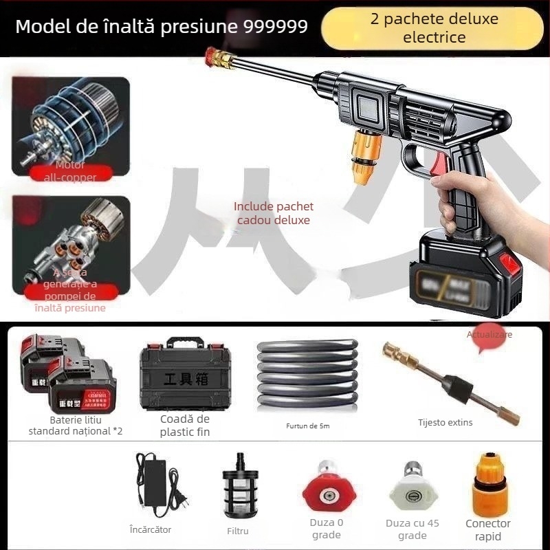 Spălător auto fără fir, cu presiune înaltă, cu motor de inducție, construcție din cupru, alimentare pe baterie Li, aparat portabil, furtun 10–20 m, debit 4–8 L/min