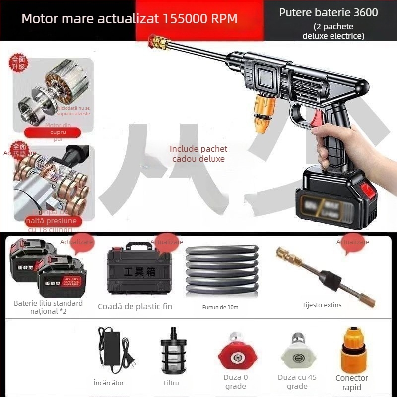 Spălător auto fără fir, cu presiune înaltă, cu motor de inducție, construcție din cupru, alimentare pe baterie Li, aparat portabil, furtun 10–20 m, debit 4–8 L/min