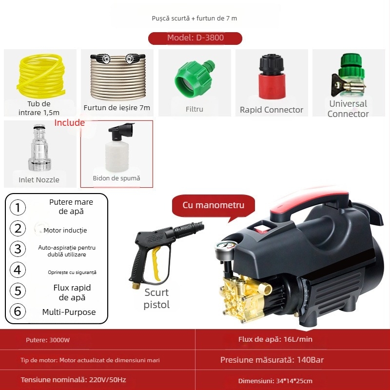 Mașină de spălat auto cu presiune înaltă pentru uz casnic - portabilă, compactă, model 033, 220V, 3000W, 140 bar, 16 L/min