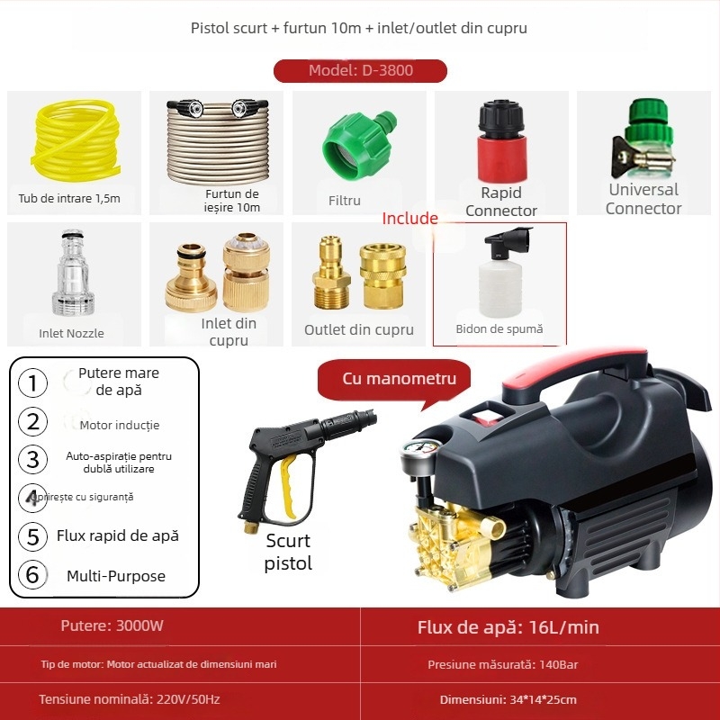 Mașină de spălat auto cu presiune înaltă pentru uz casnic - portabilă, compactă, model 033, 220V, 3000W, 140 bar, 16 L/min