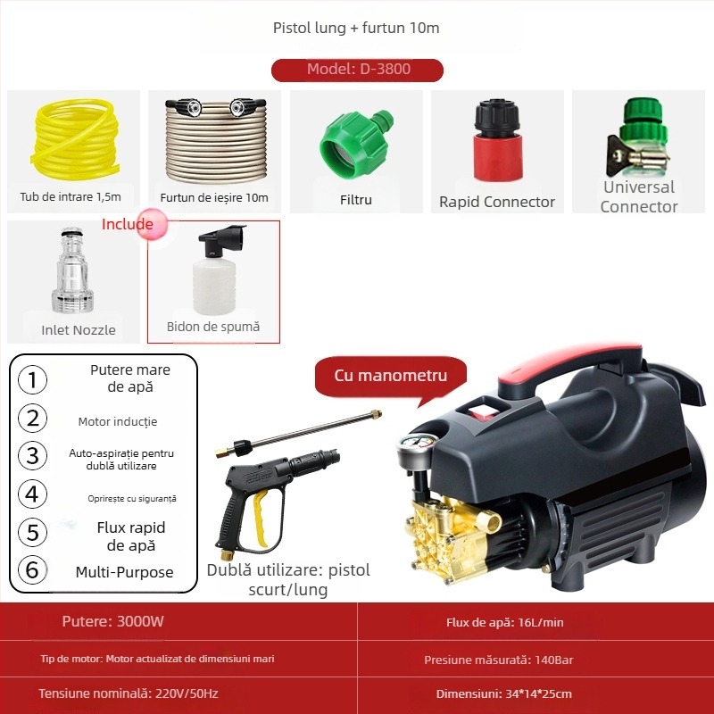 Mașină de spălat auto cu presiune înaltă pentru uz casnic - portabilă, compactă, model 033, 220V, 3000W, 140 bar, 16 L/min