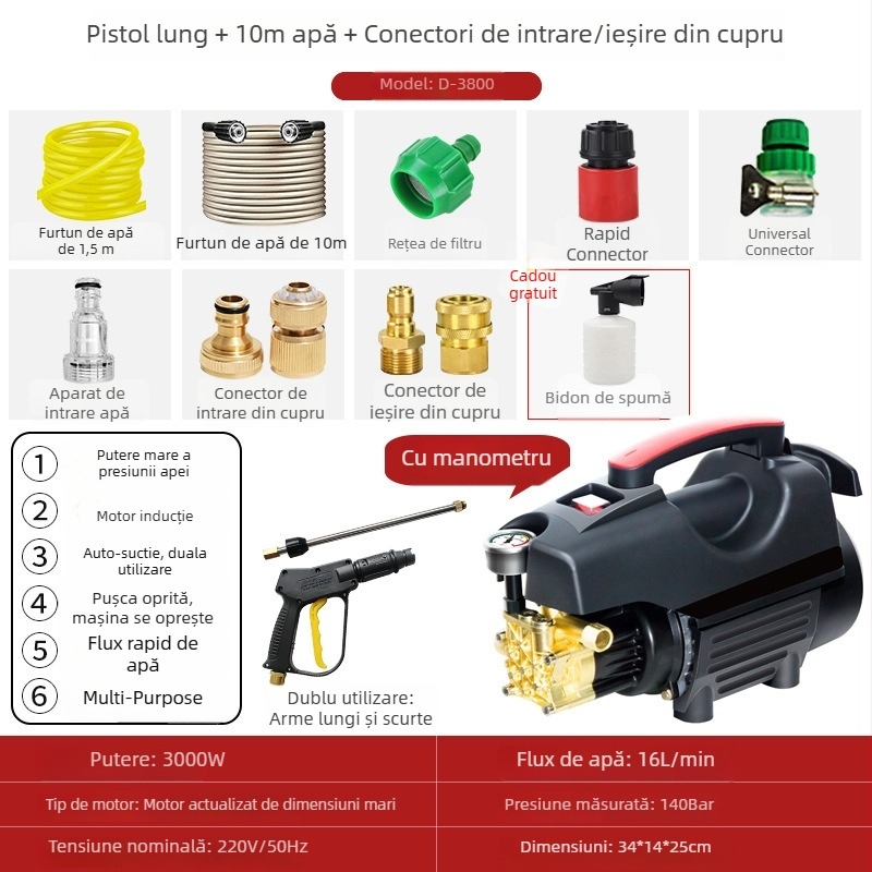 Mașină de spălat auto cu presiune înaltă pentru uz casnic - portabilă, compactă, model 033, 220V, 3000W, 140 bar, 16 L/min