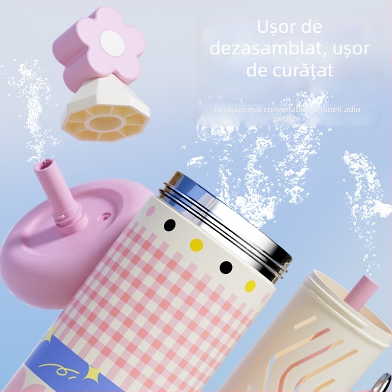 Cana termică cu pai, compactă și portabilă, interior din oțel inoxidabil 316, exterior din oțel inoxidabil 201, izolație în vid 6–12 ore, separare ceai-apă, imprimare siglă disponibilă