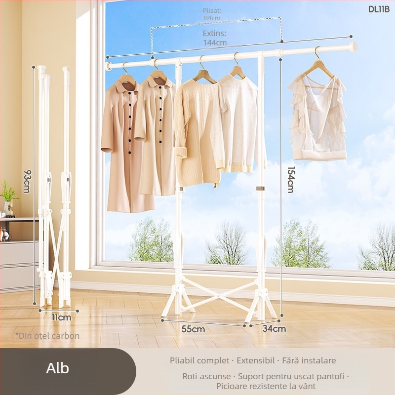 Uscător de haine pe podea, mobil, cu o singură bară, din oțel carbon, model DL11, stil minimalist modern
