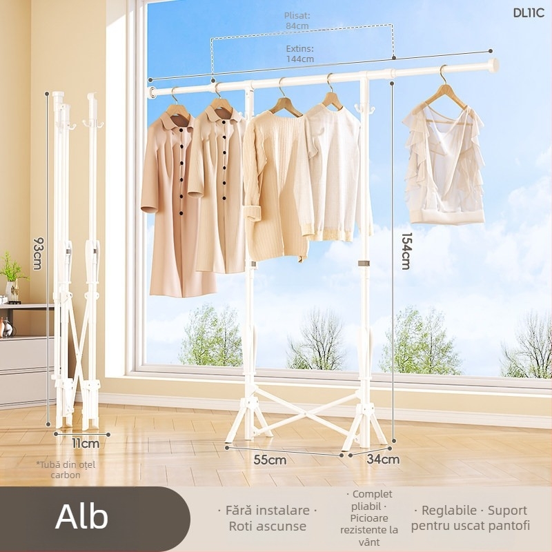 Uscător de haine pe podea, mobil, cu o singură bară, din oțel carbon, model DL11, stil minimalist modern