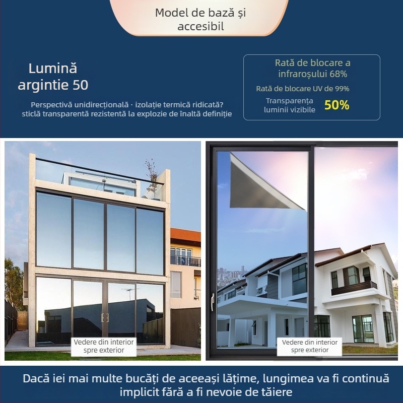 Folie PET pentru protecție solară și izolație, cu transparență înaltă, autoadezivă, folie reflectivă pentru ferestre, design monocrom pentru living și balcon