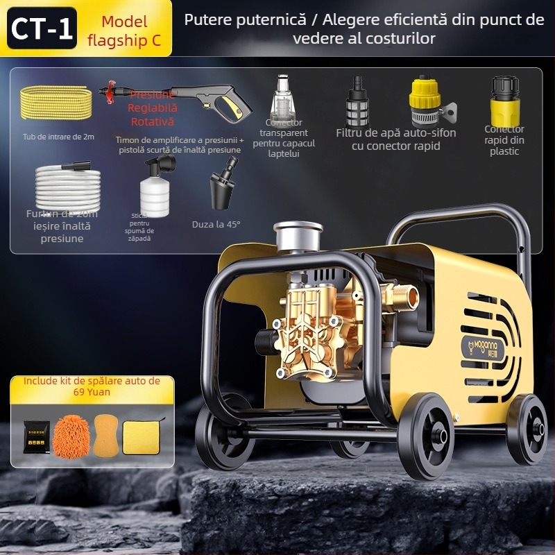 Mașină de spălat auto cu înaltă presiune pentru uz casnic, 220V, 1600W, furtun 10–25 m, greutate 5 kg, presiune 2.5–25 MPa