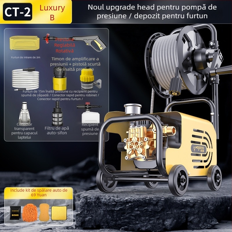 Mașină de spălat auto cu înaltă presiune pentru uz casnic, 220V, 1600W, furtun 10–25 m, greutate 5 kg, presiune 2.5–25 MPa
