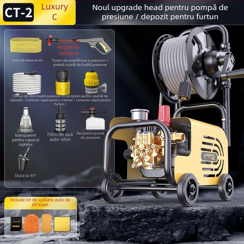 Mașină de spălat auto cu înaltă presiune pentru uz casnic, 220V, 1600W, furtun 10–25 m, greutate 5 kg, presiune 2.5–25 MPa