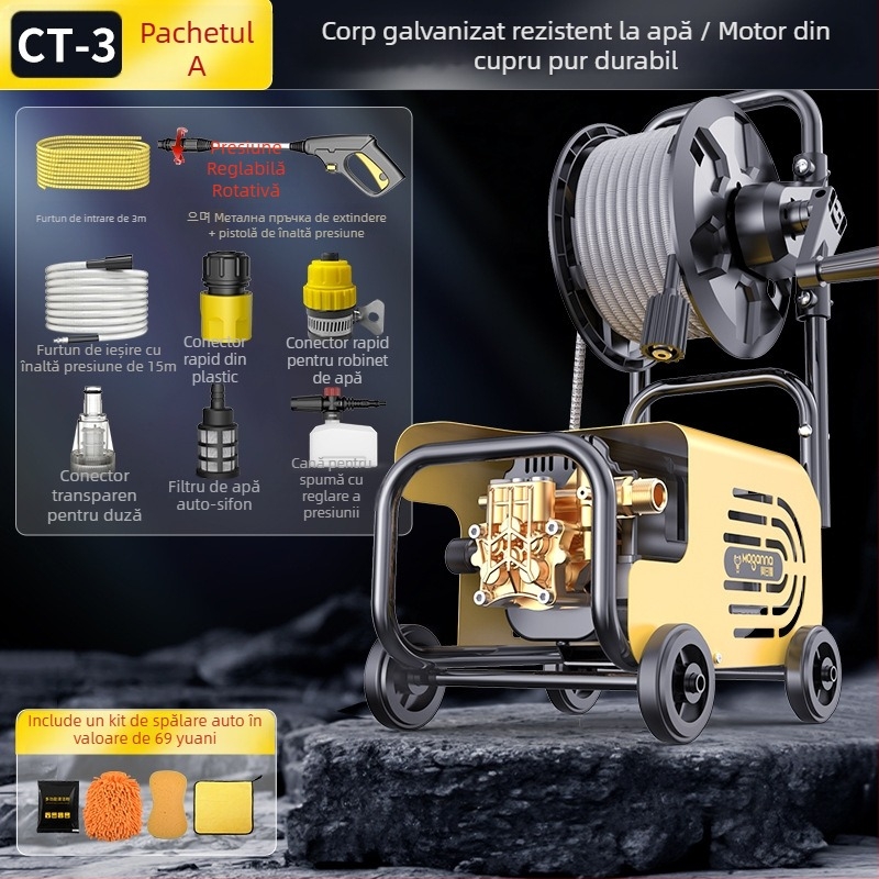 Mașină de spălat auto cu înaltă presiune pentru uz casnic, 220V, 1600W, furtun 10–25 m, greutate 5 kg, presiune 2.5–25 MPa